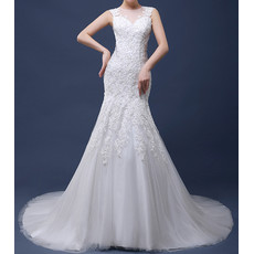 Inexpensive Elegant Sheath Court Train Satin Tulle Applique Wedding Dress