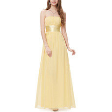 Simple Elegant Strapless Long Chiffon Pleated Bridesmaid Dress with Sashes