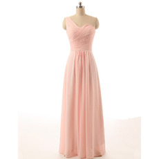 Women's Best One Shoulder Long Chiffon Pink Pleated Bridesmaid Dress