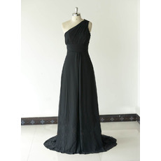 Inexpensive Classy One Shoulder Long Chiffon Black Bridesmaid Dress