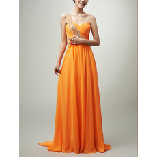 Womens Custom One Shoulder Floor Length Chiffon Prom Evening Dress