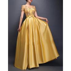 Women Elegant Floor Length Satin Prom Evening Dress with Short Sleeves