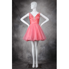 Cheap Pretty A-Line V-Neck Short/ Mini Taffeta Organza Homecoming Dress