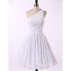 Inexpensive Simple A-Line One Shoulder Knee Length White Lace Homecoming Dress