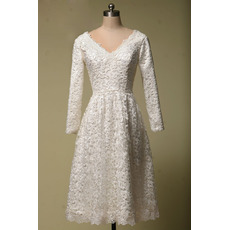 Inexpensive V-Neck Tea Length Lace White Homecoming Dress with Long Sleeves