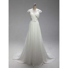 Women's Beautiful A-Line Long Chiffon Beach Wedding Dress with Short Sleeves
