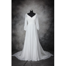 Custom Designer V-Neck Floor Length Chiffon Plus Size Wedding Dress with Long Sleeves