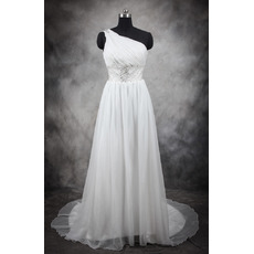 Stylish Simple One Shoulder Sweep Train Satin Plus Size Bridal Wedding Dress