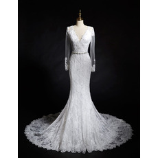 Charming Sheath V-Neck Lace Wedding Dress with Long Sleeves