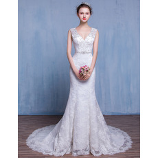 Inexpensive Designer Sheath V-Neck Court Train Lace Wedding Dress/ Gowns