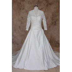 Women's Classic A-Line V-Neck Taffeta Plus Size Wedding Dress with Long Lace Sleeves