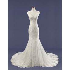 Custom Elegant Sheath V-Neck Sleeveless Court Train Tulle Satin Wedding Dress