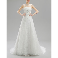 Classic Simple A-Line Strapless Sweep Train Lace Beaded Wedding Dress