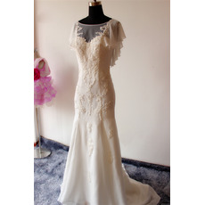 Women's Modest Sheath Cap Sleeves Sweep Train Chiffon Applique Wedding Dress