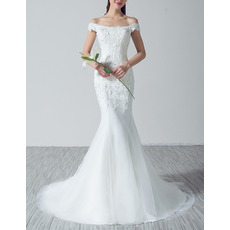 Affordable Elegant Sheath Off-the-shoulder Sweep Train Applique Wedding Dress