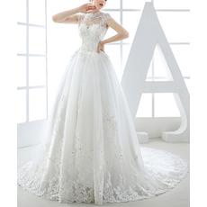 Beautiful Designer Ball Gown Mandarin Collar Chapel Train Organza Wedding Dress