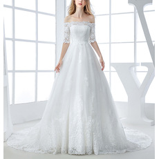 Stunning Off-the-shoulder Organza Wedding Dress with Half Sleeves