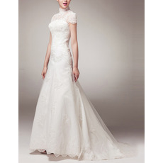 Vintage Classic Mandarin Collar Short Sleeves Sweep Train Organza Wedding Dress