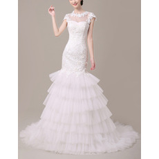 Stunning Mermaid Cap Sleeves Tulle Layered Skirt Wedding Dress