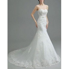 Discount Designer Sheath Sweetheart Court Train Organza Applique Wedding Dress