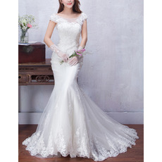 Timeless Elegant Sheath Cap Sleeves Sweep Train Satin Tulle Wedding Dress