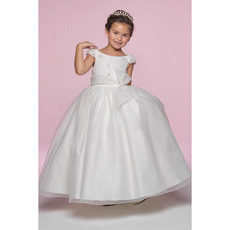 Princess Ball Gown Round Embroidery Ankle Length Full lined First Communion Dress with Cap Sleeves