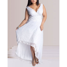 Custom Elegant A-line V-Neck Asymmetric High-Low Lace Plus Size Wedding Dress