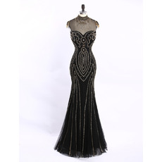 Custom Beautiful Sheath Sweetheart Long Tulle Black Beading Formal Evening Dress