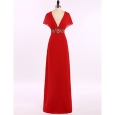 Sexy V-Neck Long Red Chiffon Prom Evening Dress with Cap Sleeves