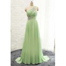 Classic One Shoulder Sleeveless Sweep Train Long Chiffon Evening Dress