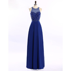 Cheap Classy Round Sleeveless Blue Long Chiffon Prom Evening Dress