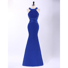 Women's Sexy Sheath Sleeveless Long Blue Chiffon Backless Prom Evening Dress