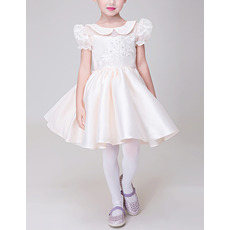 Beautiful A-Line Lapel Short Satin Flower Girl Dress with Bubble Sleeves