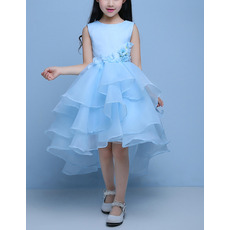 Cute Little Girls High-Low Satin Organza Layered Skirt Blue Flower Girl Dress