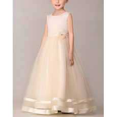 Little Girls Ball Gown Sleeveless Long Satin Tulle Flower Girl Dress