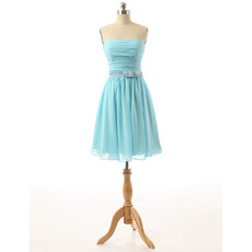 Inexpensive Strapless Knee Length Light Blue Chiffon Homecoming Dress with Belts