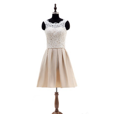 Custom Classic A-Line Sleeveless Knee Length Lace Satin Open Back Wedding Dress