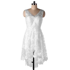 Affordable Charming V-Neck High-Low Lace Short Beach Wedding Dress