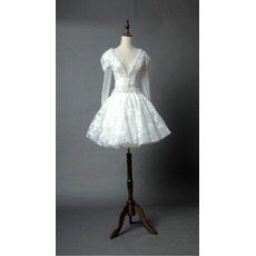 Discount Chic V-Neck Short Organza Wedding Dress with Long Sleeves