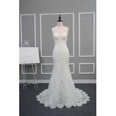 Classic Simple Sheath Sweep Train Lace Backless Wedding Dress