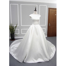 Inexpensive Vintage Ball Gown Cap Sleeves Cathedral Train Satin Wedding Dress