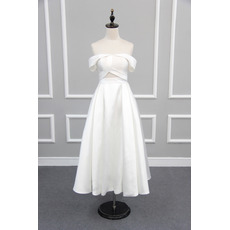 Affordable Chic Off-the-shoulder Tea Length Satin Reception Wedding Dress