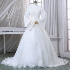 Custom Modern High-Neck Satin Winter Wedding Dress with Long Sleeves