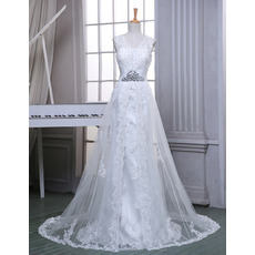 Custom Designer Sheath V-Neck Sleeveless Sweep Train Tulle Wedding Dress
