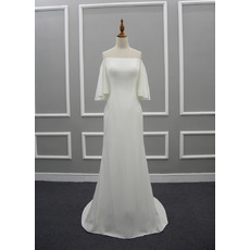 Affordable Strapless Sweep Train Satin Wedding Dress with Short Sleeves
