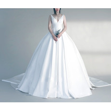 Sexy Luxury Ball Gown V-Neck Sleeveless Court Train Satin Bridal Wedding Dress