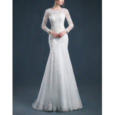 Custom Elegant Mermaid Sweep Train Organza Wedding Dress with Long Sleeves