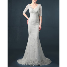 Affordable Elegant Sheath V-Neck Organza Wedding Dress with Half Sleeves