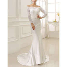 Elegant Modern Sheath Off-the-shoulder Satin Wedding Dress with Long Sleeves