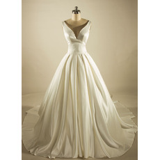 Modern Ball Gown V-Neck Chapel Train Satin Wedding Dress